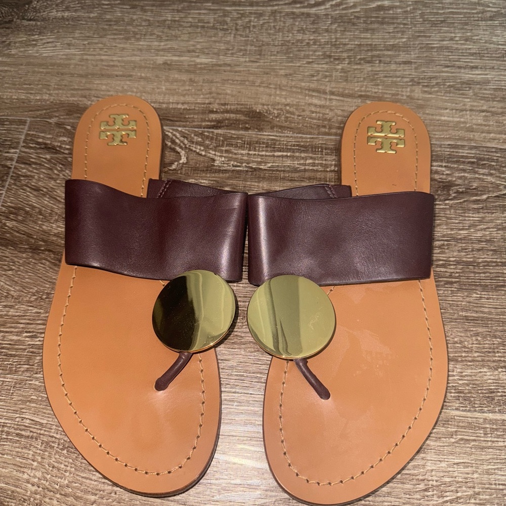 Tory Burch Brownish Maroon and Gold Sandals